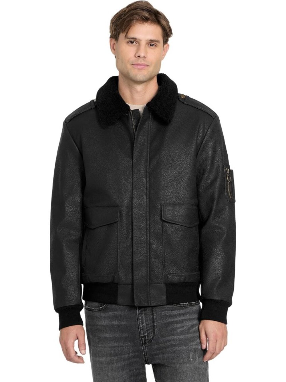 Guess Men's Black Pointy Collar Long Sleeve Emil Old Vintage Aviator Jackets